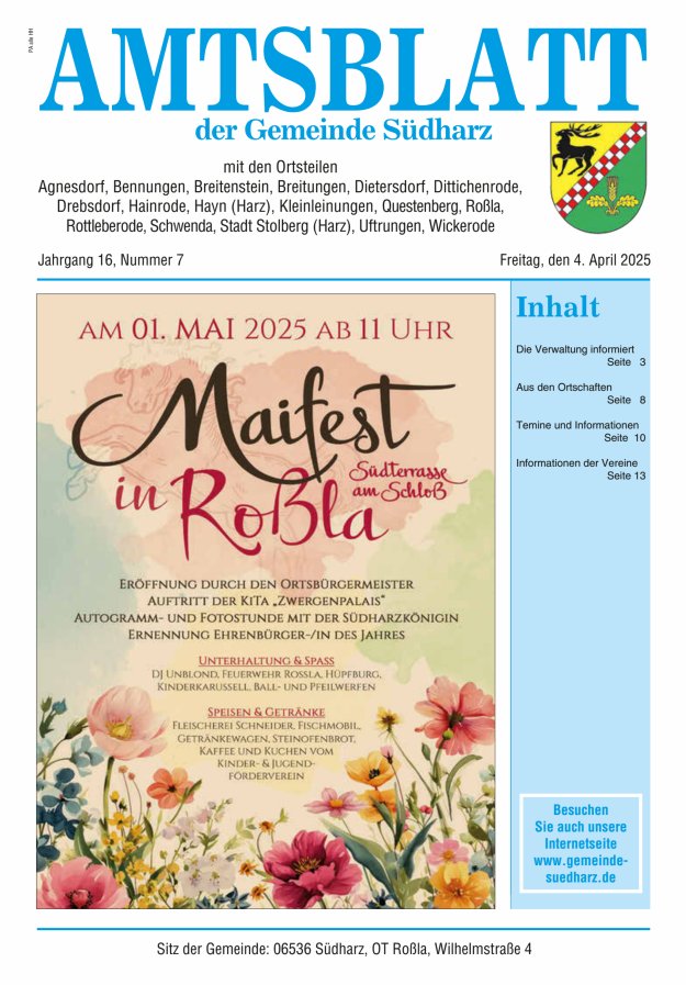 Amtsblatt der Gemeinde Südharz Titelblatt 07/2025