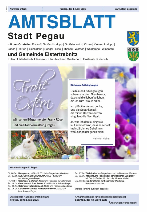 Amtsblatt Stadt Pegau und Gemeinde Elstertrebnitz  Titelblatt 05/2025