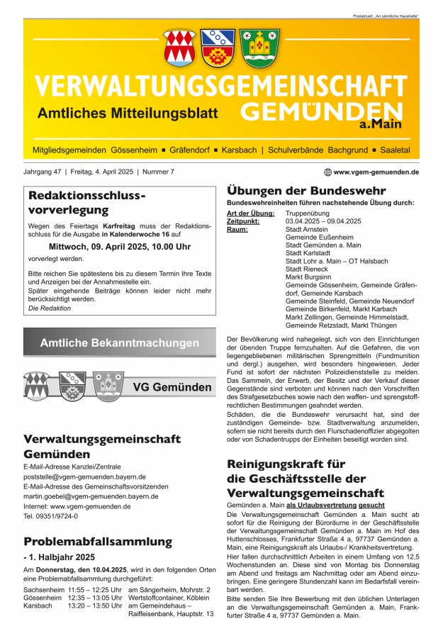 Mitteilungsblatt der VG Gemünden a Main Titelblatt 07/2025