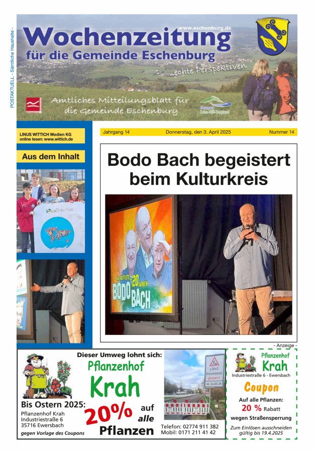 Wochenzeitung für die Gemeinde Eschenburg Titelblatt 14/2025