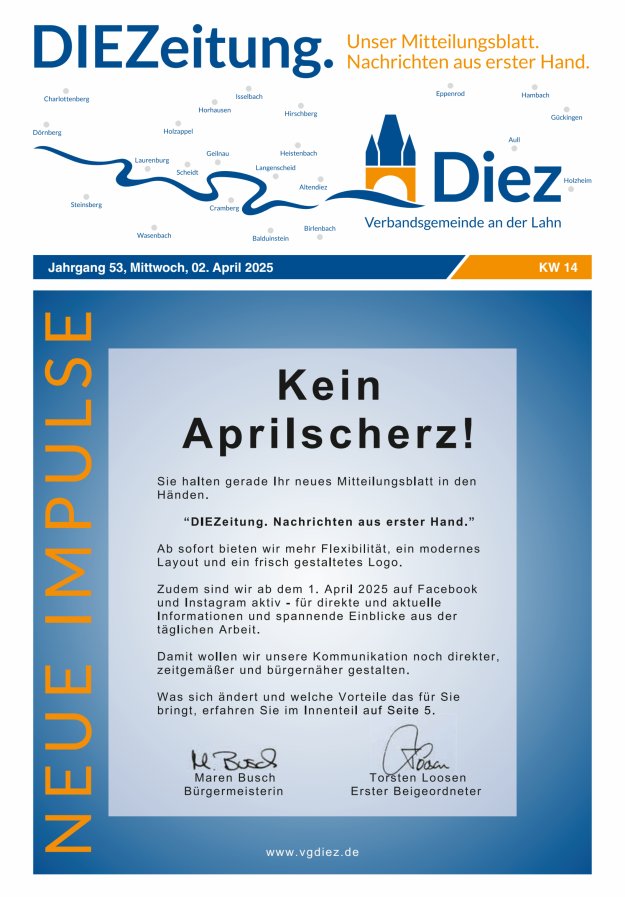 Mitteilungsblatt der Verbandsgemeinde Diez und der Ortsgemeinden Titelblatt 14/2025