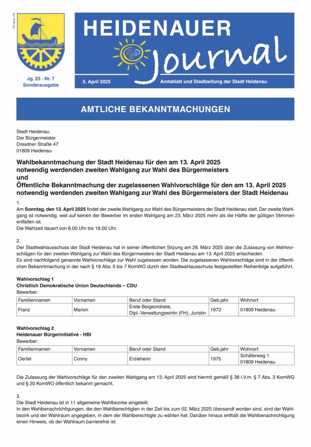 Heidenauer Journal - Amtsblatt und Stadtzeitung der Stadt Heidenau Titelblatt 07/2025