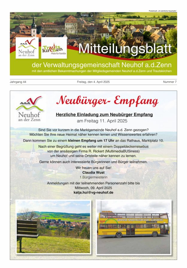 Mitteilungsblatt der Verwaltungsgemeinschaft Neuhof an der Zenn mit den amtlichen Bekanntmachungen der Mitgliedsgemeinden Neuhof an der Zenn und Trautskirchen Titelblatt 07/2025