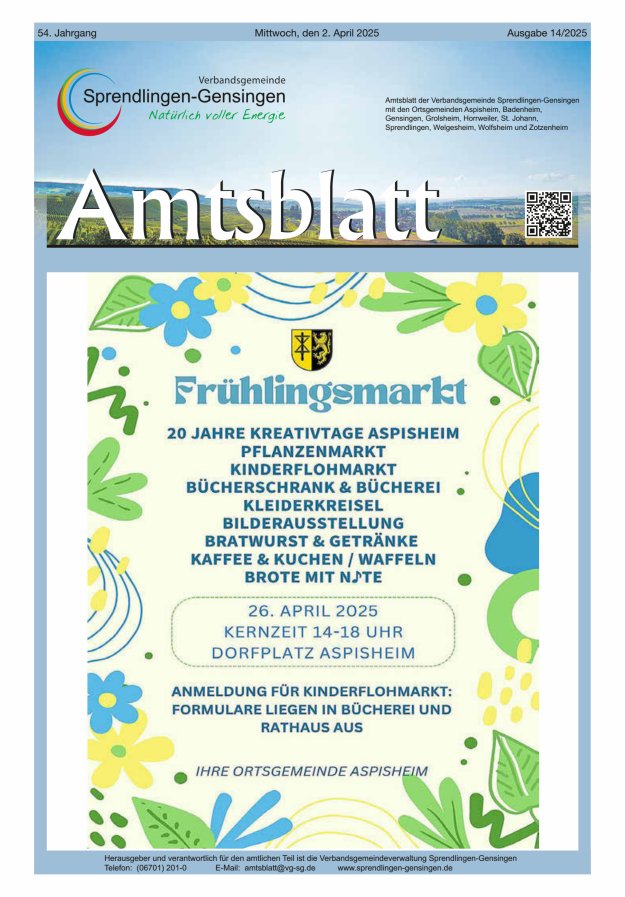 Amtsblatt VG Sprendlingen-Gensingen Titelblatt 14/2025