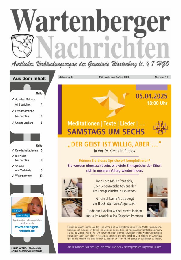 Wartenberger Nachrichten Titelblatt 14/2025