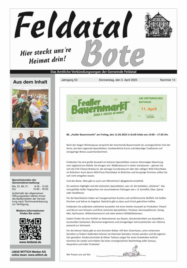 Das Amtliche Verkündungsorgan der Gemeinde Feldatal Titelblatt 14/2025