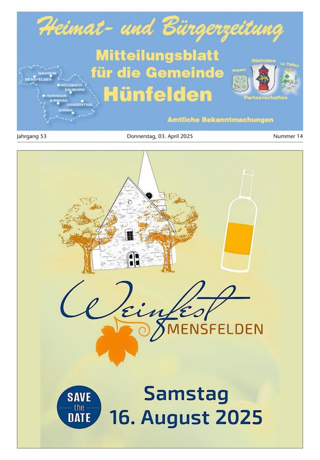 Mitteilungsblatt für die Gemeinde Hünfelden Titelblatt 14/2025