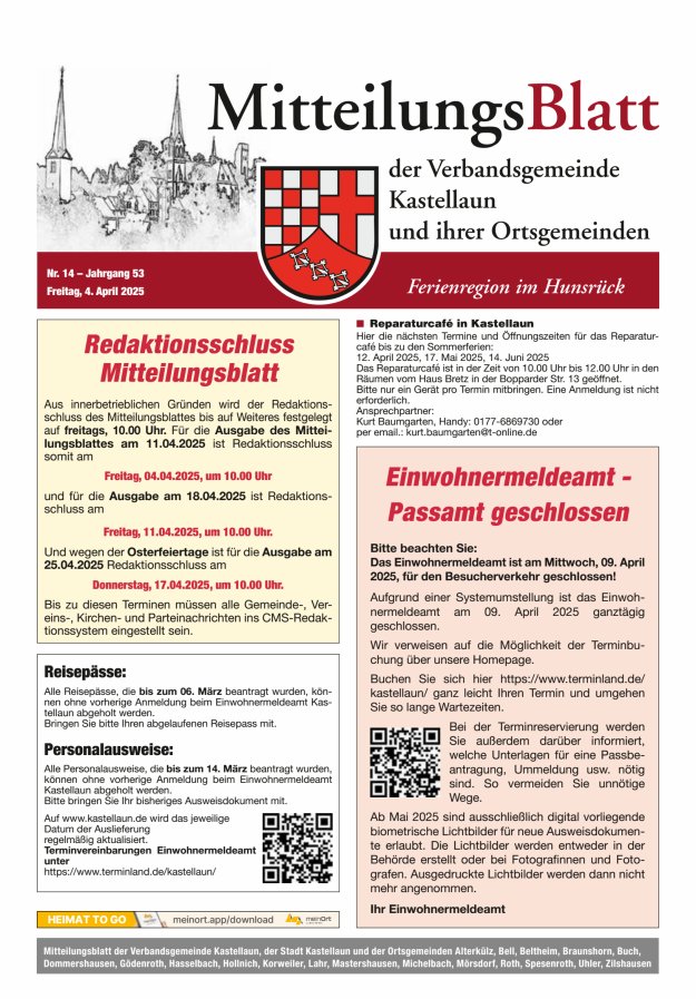 Mitteilungsblatt Kastellaun Titelblatt 14/2025