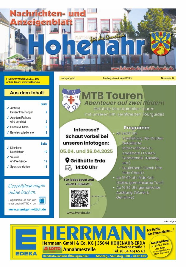 Nachrichten- und Anzeigenblatt für die Gemeinde Hohenahr Titelblatt 14/2025