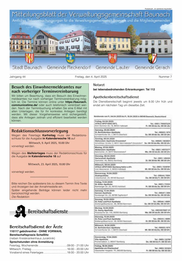Mitteilungsblatt Verwaltungsgemeinschaft Baunach Titelblatt 07/2025