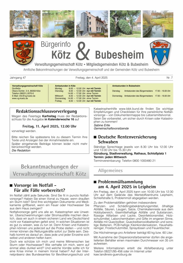 Amtsblatt der VG Kötz und der Mitgliedsgemeinden Titelblatt 07/2025