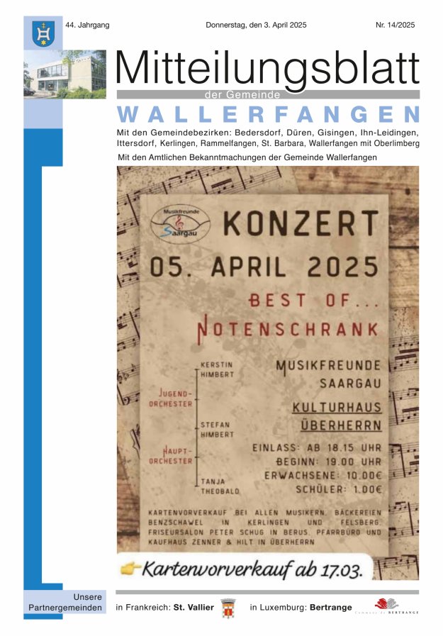 Mitteilungsblatt Gemeinde Wallerfangen Titelblatt 14/2025