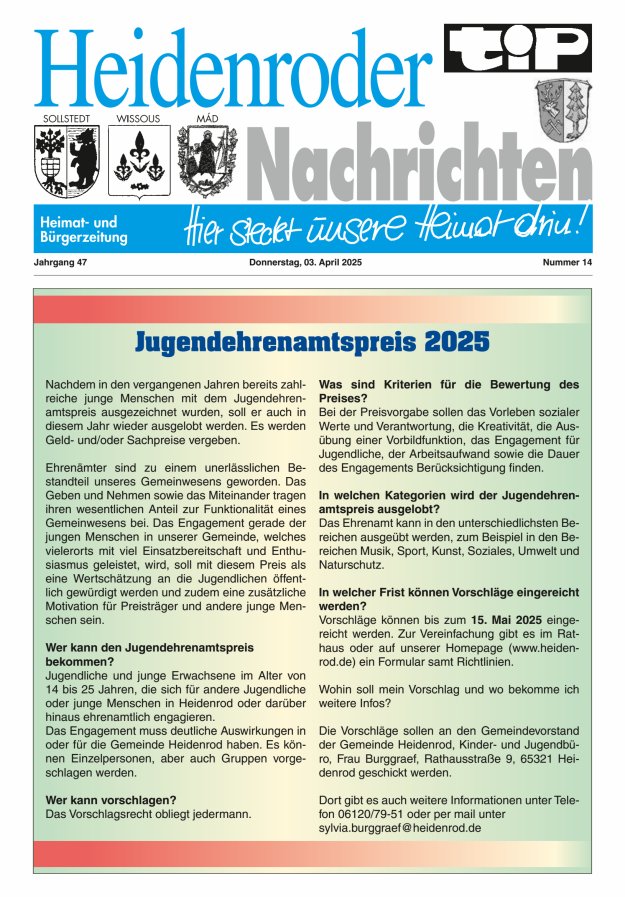 "tip" Heidenroder Nachrichten Titelblatt 14/2025