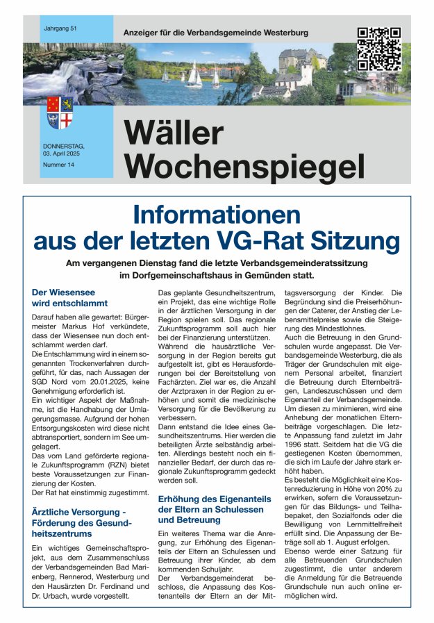 Wäller Wochenspiegel - Anzeiger für die Verbandsgemeinde Westerburg Titelblatt 14/2025