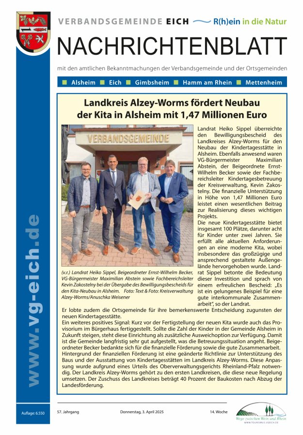 Nachrichtenblatt der VG Eich Titelblatt 14/2025