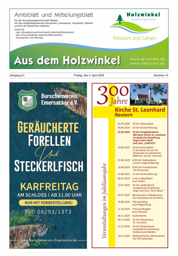 Aus dem Holzwinkel Amtsblatt u Mitteilungsblatt f VG Welden u GemAdelsried Titelblatt 14/2025