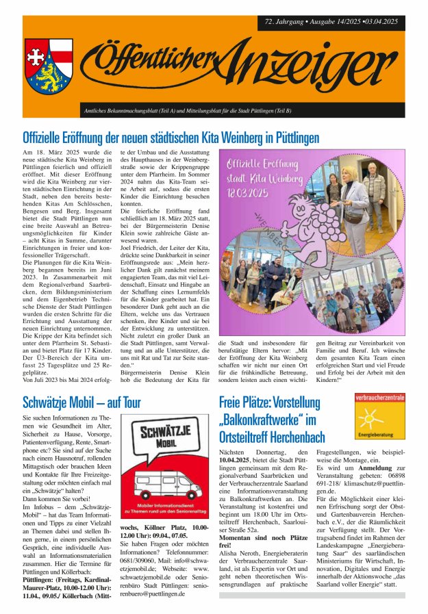 Öffentlicher Anzeiger - Stadt Püttlingen Titelblatt 14/2025