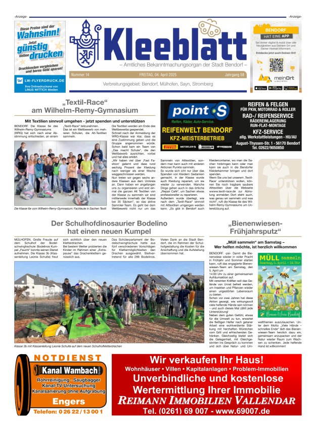 Kleeblatt - Amtliches Bekanntmachungsorgan der Stadt Bendorf Titelblatt 14/2025