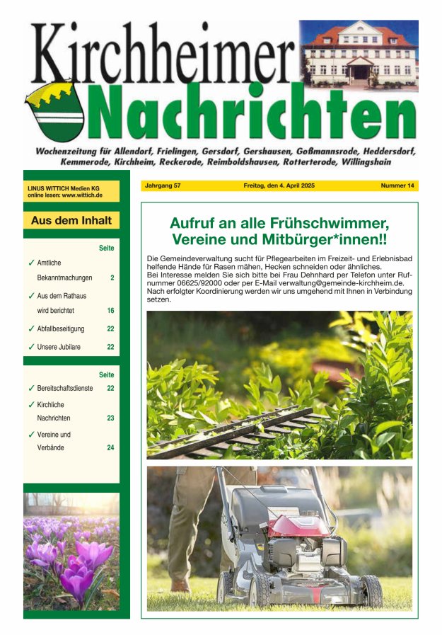 Kirchheimer Nachrichten Titelblatt 14/2025