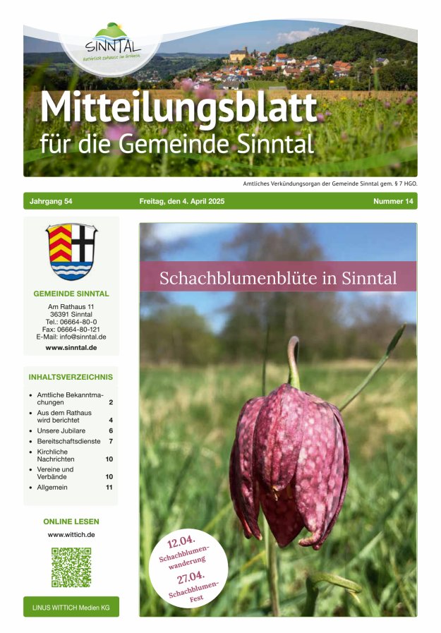 Mitteilungsblatt für die Gemeinde Sinntal Titelblatt 14/2025