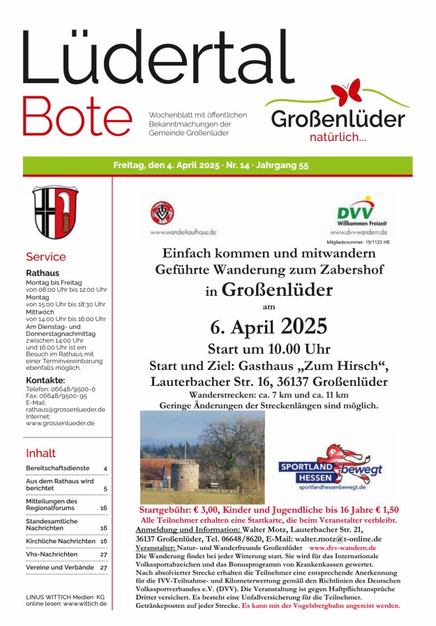 Wochenblatt mit öffentlichen Bekanntmachungen der Gemeinde Großenlüder Titelblatt 14/2025