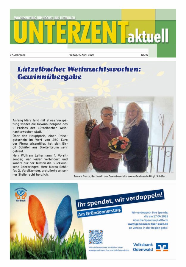 Unterzent aktuell Wochenzeitung für Höchst und Lützelbach Titelblatt 15/2025