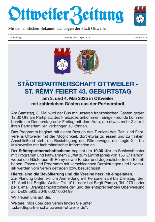 Ottweiler Zeitung Titelblatt 14/2025