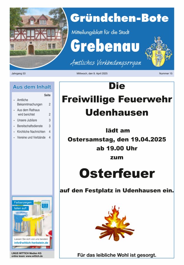 Grebenau - Gründchen Bote - Mitteilungsblatt für die Stadt Grebenau Titelblatt 15/2025