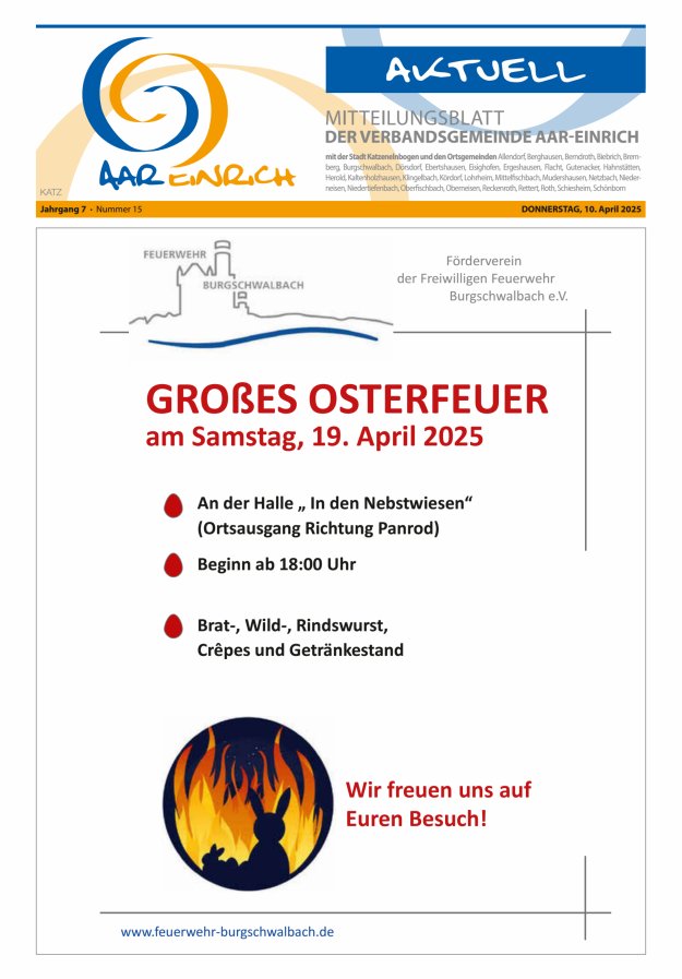 Mitteilungsblatt der Verbandsgemeinde Aar-Einrich Ausgabe Katzenelnbogen Titelblatt 15/2025