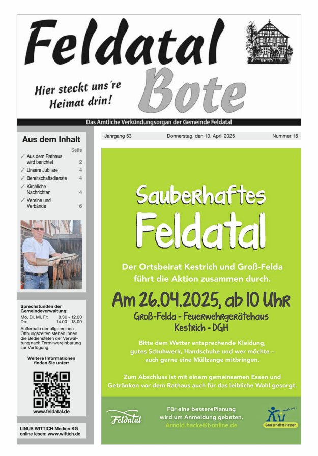 Das Amtliche Verkündungsorgan der Gemeinde Feldatal Titelblatt 15/2025