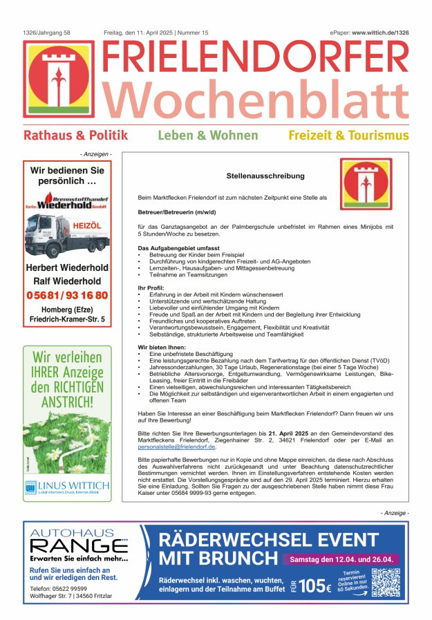 Frielendorfer Wochenblatt Titelblatt 15/2025