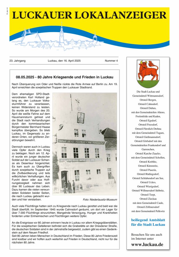 Luckauer Lokalanzeiger (beiliegend Amtsblatt für die Stadt Luckau) Titelblatt 04/2025