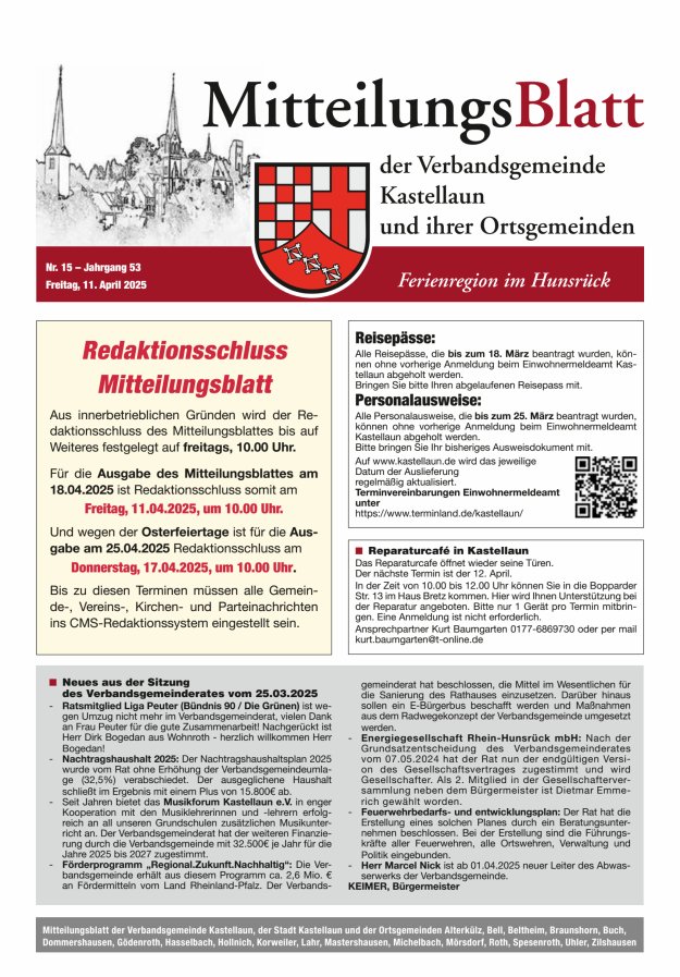 Mitteilungsblatt Kastellaun Titelblatt 15/2025