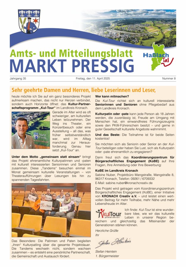 Amtsblatt für den Markt Pressig mit den Gemeindeteilen Titelblatt 08/2025