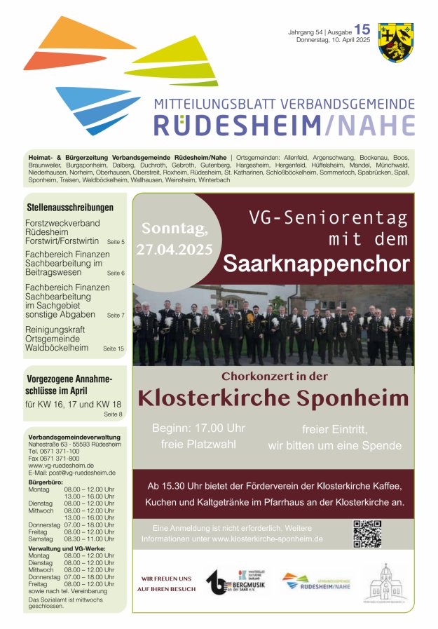 Mitteilungsblatt Verbandsgemeinde Rüdesheim und zugehörige Ortsgemeinden Titelblatt 15/2025