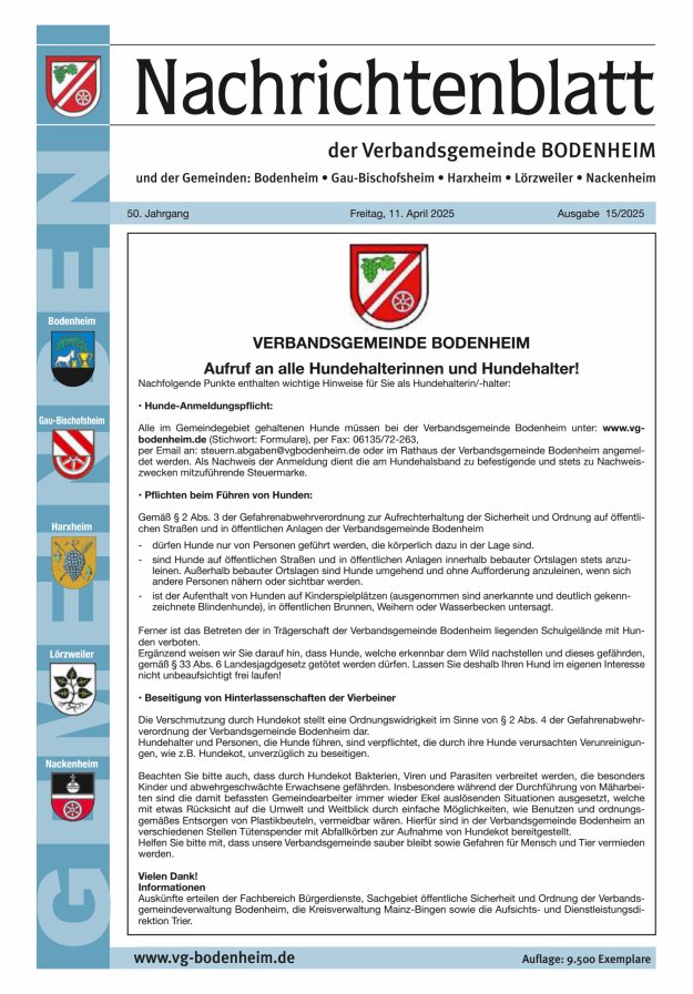 Nachrichtenblatt der VG Bodenheim              Titelblatt 15/2025