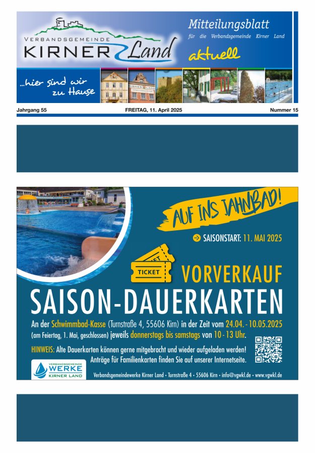 Mitteilungsblatt für den Bereich der Verbandsgemeinde Kirner Land Titelblatt 15/2025