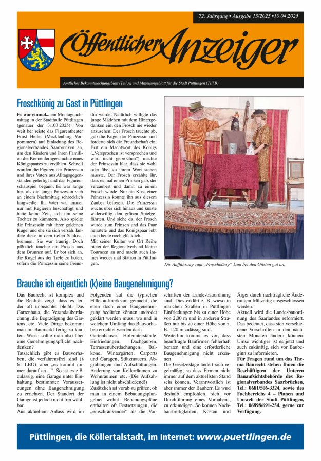 Öffentlicher Anzeiger - Stadt Püttlingen Titelblatt 15/2025