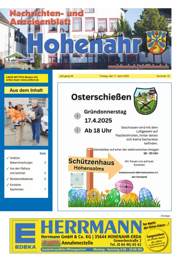 Nachrichten- und Anzeigenblatt für die Gemeinde Hohenahr Titelblatt 15/2025