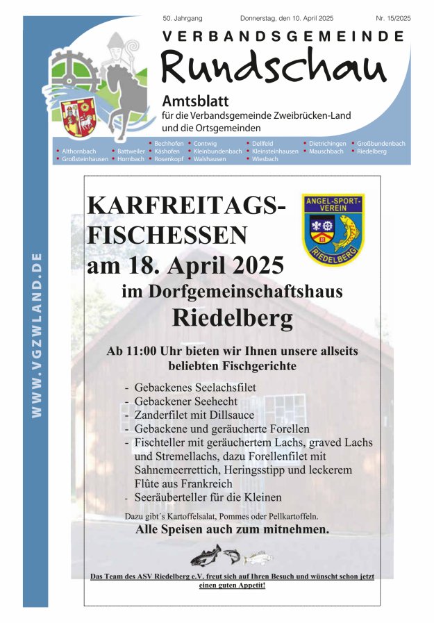 Verbandsgemeinde Rundschau Zweibrücken-Land Titelblatt 15/2025