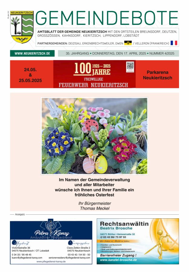 Gemeindebote - Amtsblatt der Gemeinde Neukieritzsch mit den Ortsteilen Titelblatt 04/2025