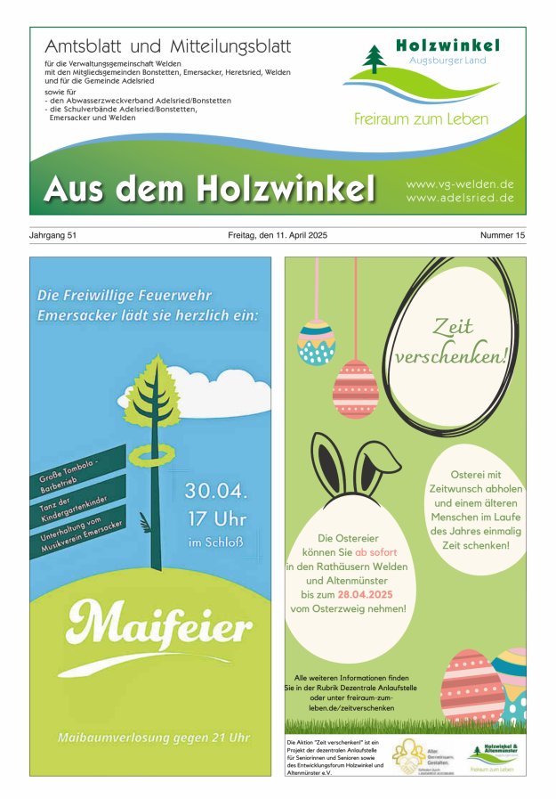 Aus dem Holzwinkel Amtsblatt u Mitteilungsblatt f VG Welden u GemAdelsried Titelblatt 15/2025