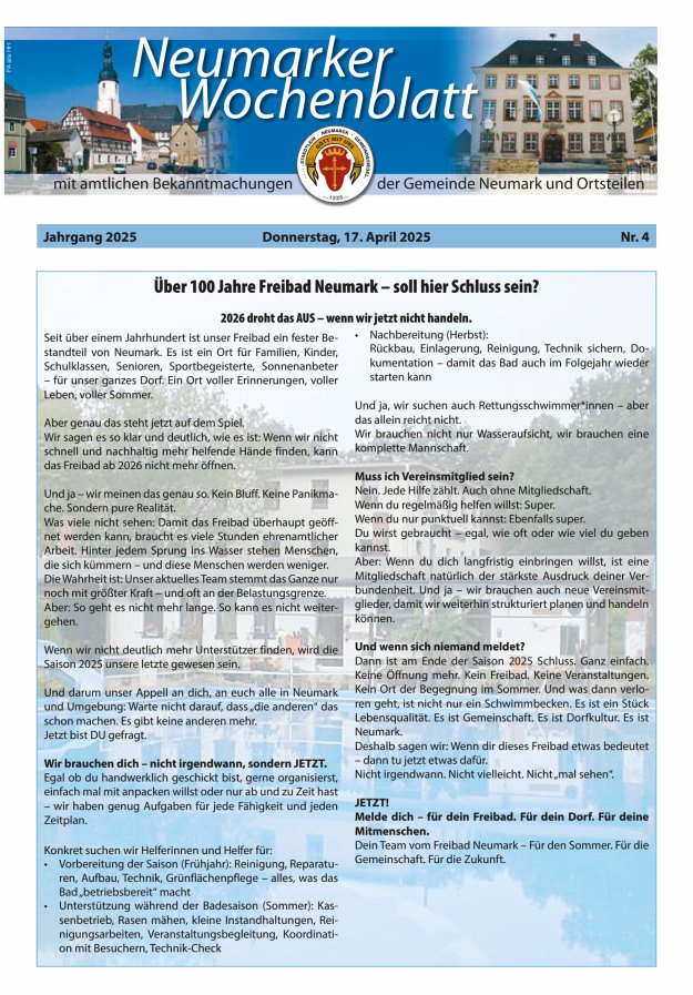 Neumarker Wochenblatt Titelblatt 04/2025