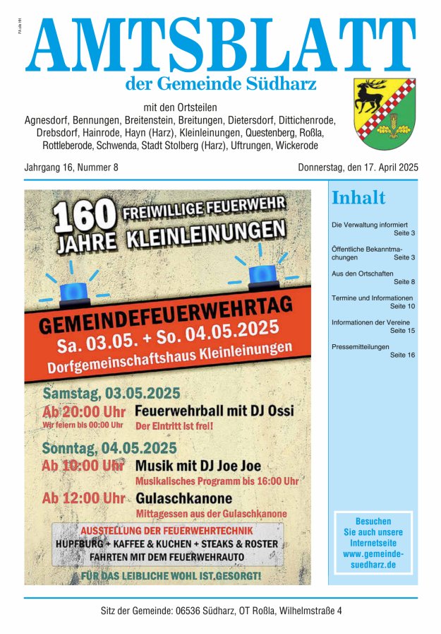 Amtsblatt der Gemeinde Südharz Titelblatt 08/2025