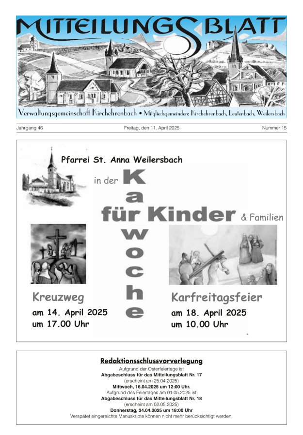 Mitteilungsblatt Verwaltungsgemeinschaft Kirchehrenbach Titelblatt 15/2025