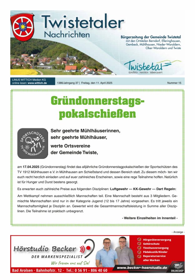 Twistetaler Nachrichten Titelblatt 15/2025