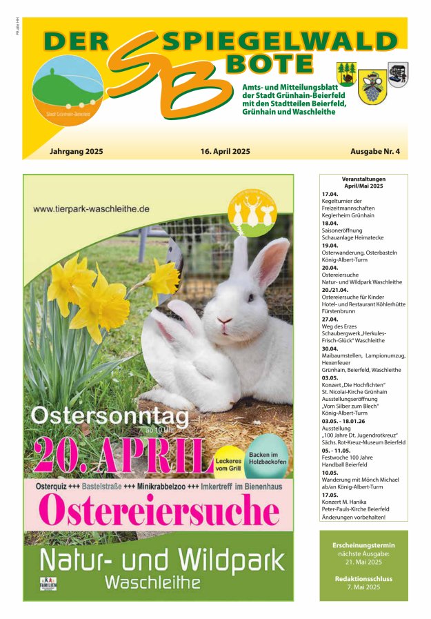 Der Spiegelwaldbote - Amts- und Mitteilungsblatt der Gemeinde Grünhain-Beierfeld  Titelblatt 04/2025