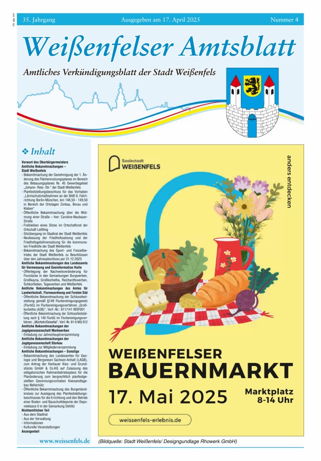 Weißenfelser Amtsblatt – Amtliches Verkündungsblatt der Stadt Weißenfels Titelblatt 04/2025