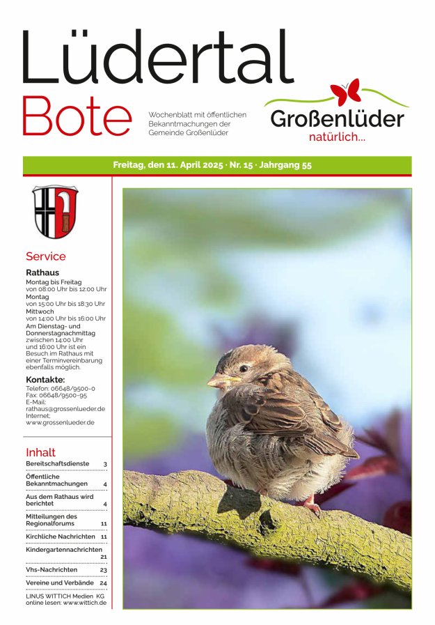 Wochenblatt mit öffentlichen Bekanntmachungen der Gemeinde Großenlüder Titelblatt 15/2025