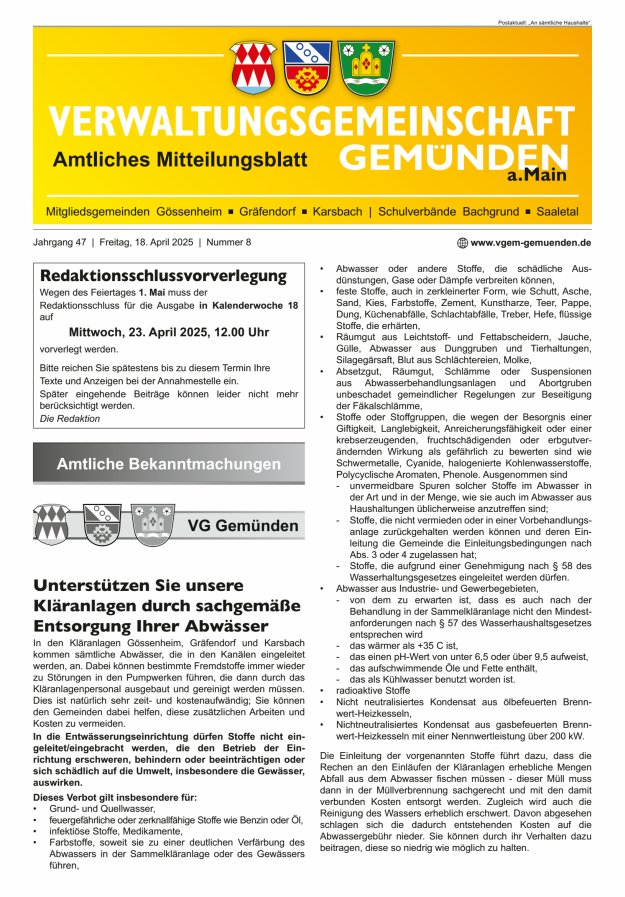 Mitteilungsblatt der VG Gemünden a Main Titelblatt 08/2025